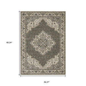 Homeroots 10' Charcoal Medallion Area Rug With Fringe – Stylish, Stain-resistant Design For Warm Interiors 3' X 5' Polyester 575527