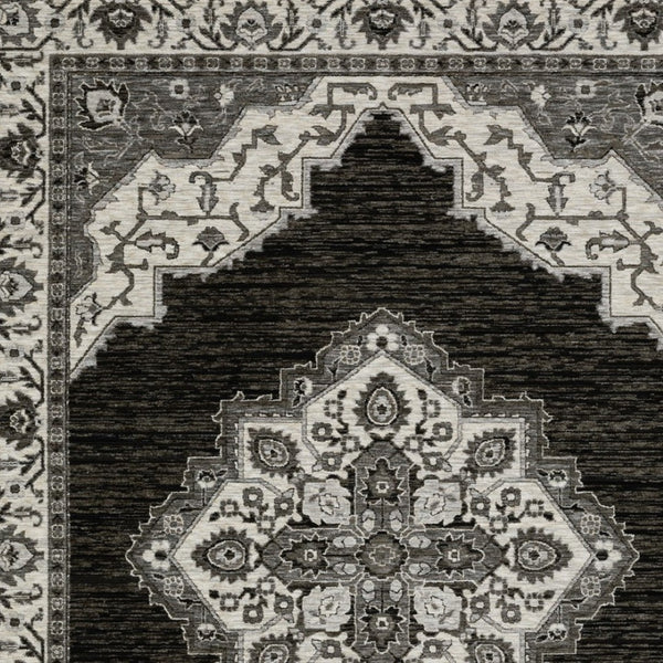 Homeroots 10' Charcoal Medallion Area Rug With Fringe – Stylish, Stain-resistant Design For Warm Interiors 3' X 5' Polyester 575528