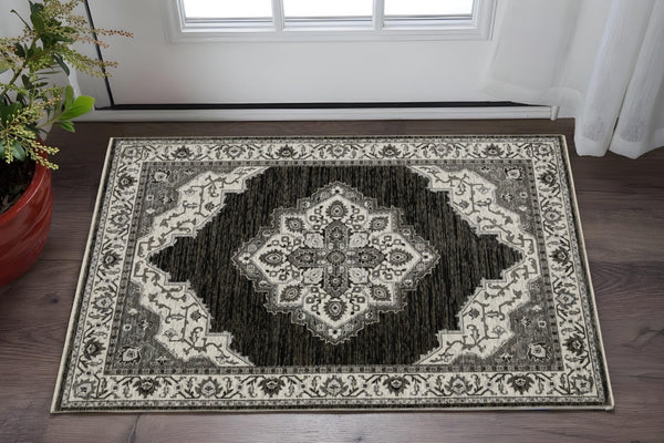 Homeroots 10' Charcoal Medallion Area Rug With Fringe – Stylish, Stain-resistant Design For Warm Interiors 3' X 5' Polyester 575528