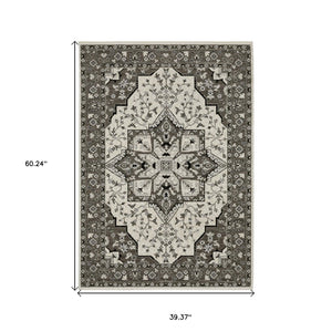 HomeRoots 5' Ivory and Gray Medallion Area Rug with Fringe – Timeless Style, Stain-Resistant, Perfect for Any Space 3' X 5' 575532