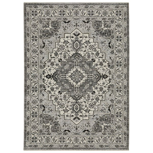 HomeRoots 3' Gray and Ivory Medallion Area Rug with Fringed Edges - Durable, Stain-Resistant for Timeless Style 3' X 5' 575533