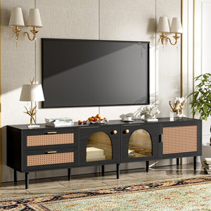 English Elm Rattan Black TV Stand with 3 Cabinets & 2 Rattan Drawers, LED Media Console, Cable Management, 80" N710P206015B