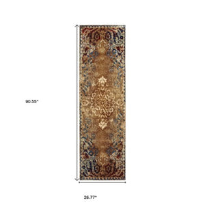 Homeroots 4' Gold Oriental Area Rug – Stylish Distressed Design, Stain Resistant For Homes With Kids & Pets 8' Runner Polypropylene,Polyester 575539