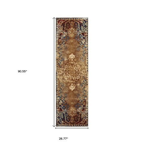Homeroots 4' Gold Oriental Area Rug – Stylish Distressed Design, Stain Resistant For Homes With Kids & Pets 8' Runner Polypropylene,Polyester 575539