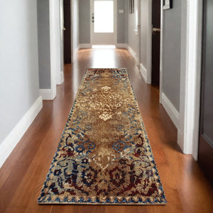 Homeroots 4' Gold Oriental Area Rug – Stylish Distressed Design, Stain Resistant For Homes With Kids & Pets 8' Runner Polypropylene,Polyester 575539