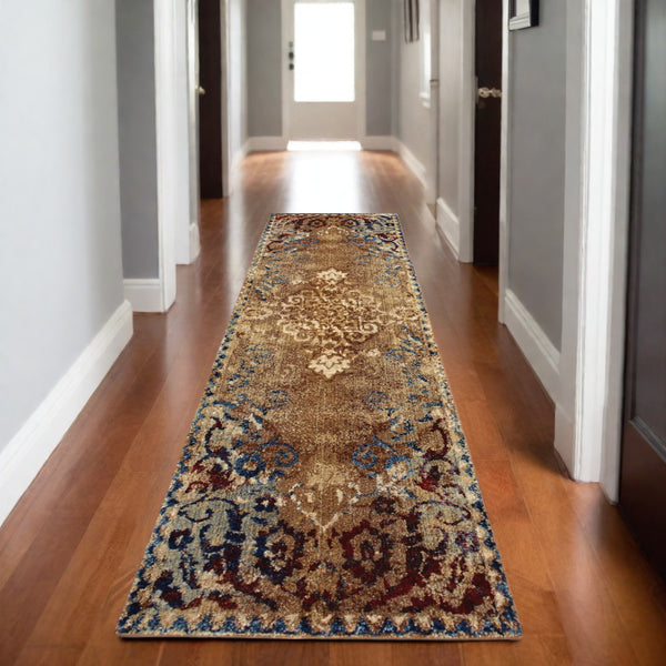 Homeroots 4' Gold Oriental Area Rug – Stylish Distressed Design, Stain Resistant For Homes With Kids & Pets 8' Runner Polypropylene,Polyester 575539