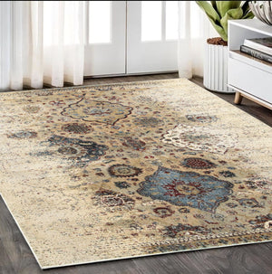 Homeroots 4' Ivory Oriental Area Rug - Distressed Design For Warmth, Stain Resistant, Perfect For Any Space 5' X 8' Polypropylene,Polyester 575540
