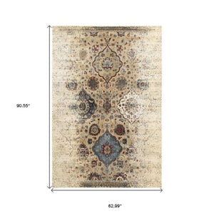 Homeroots 4' Ivory Oriental Area Rug - Distressed Design For Warmth, Stain Resistant, Perfect For Any Space 5' X 8' Polypropylene,Polyester 575540