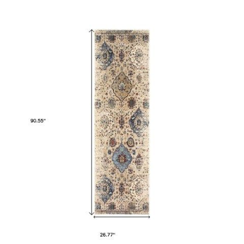 Homeroots 4' Ivory Oriental Area Rug - Distressed Design For Warmth, Stain Resistant, Perfect For Any Space 8' Runner Polypropylene,Polyester 575541