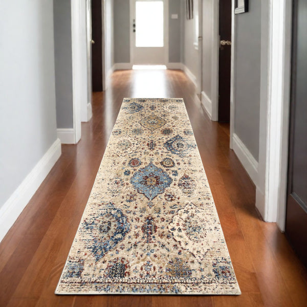 Homeroots 4' Ivory Oriental Area Rug - Distressed Design For Warmth, Stain Resistant, Perfect For Any Space 8' Runner Polypropylene,Polyester 575541