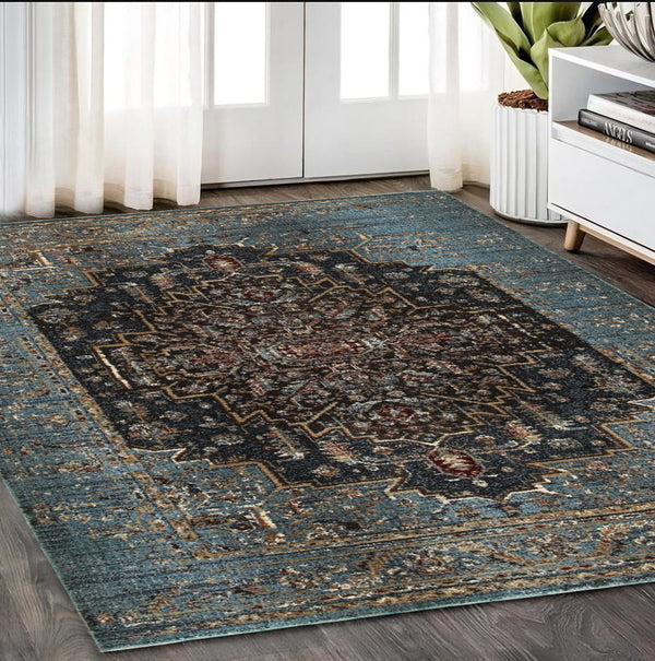 Homeroots 4' Blue Medallion Distressed Area Rug – Stylish Stain Resistant Design For Homes With Kids & Pets 5' X 8' Polypropylene,Polyester 575542