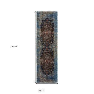 Homeroots 4' Blue Medallion Distressed Area Rug – Stylish Stain Resistant Design For Homes With Kids & Pets 8' Runner Polypropylene,Polyester 575543