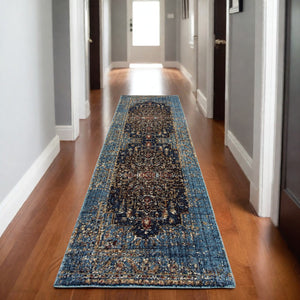 Homeroots 4' Blue Medallion Distressed Area Rug – Stylish Stain Resistant Design For Homes With Kids & Pets 8' Runner Polypropylene,Polyester 575543