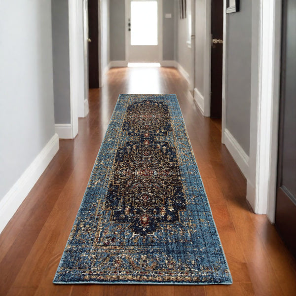 Homeroots 4' Blue Medallion Distressed Area Rug – Stylish Stain Resistant Design For Homes With Kids & Pets 8' Runner Polypropylene,Polyester 575543