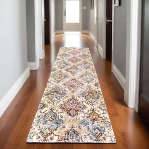 Homeroots 4' Ivory And Gold Oriental Area Rug - Elegant Power Loom Design For Warmth And Style In Any Space 8' Runner Polypropylene,Polyester 575547