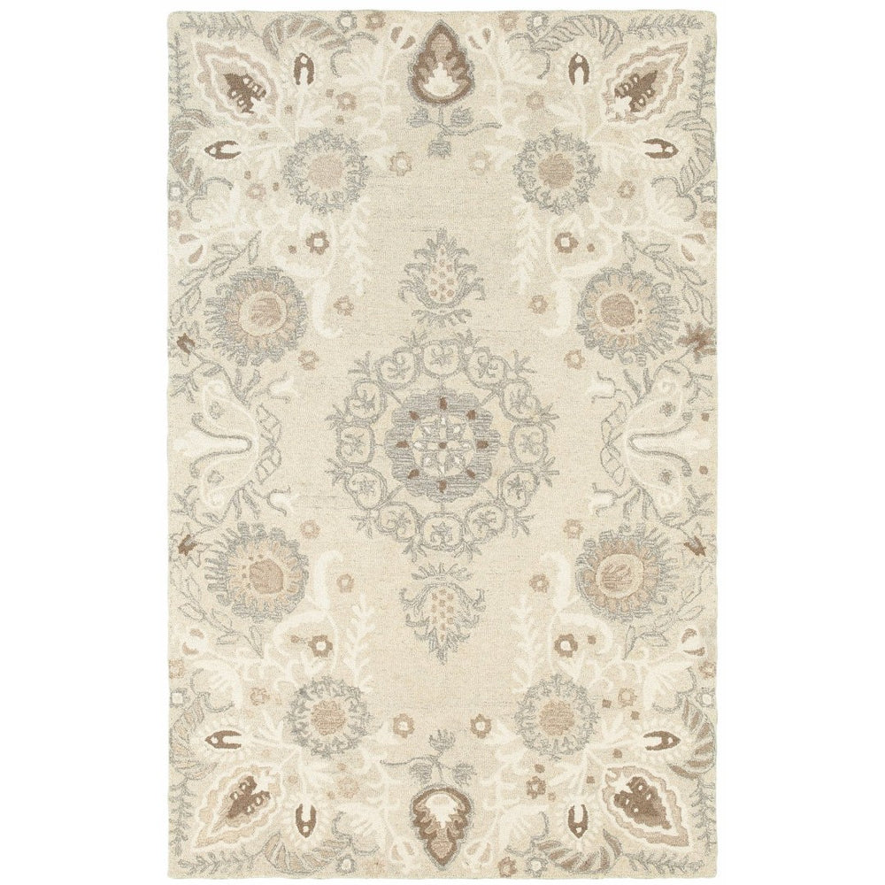 HomeRoots 4' Sand Wool Floral Hand-Tufted Area Rug – Timeless Elegance for Living Rooms and Bedrooms 4' X 6' 575548