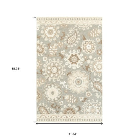 Homeroots 4' Gray Floral Hand-tufted Wool Area Rug - Elegant Design To Elevate Your Living Space Decor 4' X 6' Wool 575551