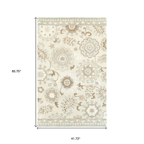 Homeroots 4' Ivory Floral Hand-tufted Area Rug - Elegant Wool Design For Cozy, Neutral Home Decor Solutions 4' X 6' Wool 575553
