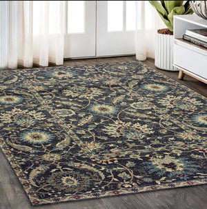 Homeroots 5' Ivory Oriental Area Rug With Navy Blue And Brown Accents – Stain Resistant For Stylish Homes 5' X 8' Polypropylene 575554