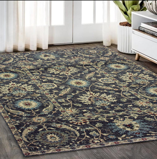 Homeroots 5' Ivory Oriental Area Rug With Navy Blue And Brown Accents – Stain Resistant For Stylish Homes 5' X 8' Polypropylene 575554