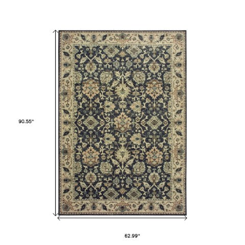Homeroots 4' Navy Blue Oriental Area Rug - Stain Resistant, Stylish Design For Pets And Kids, Perfect For Any Room 5' X 8' Polypropylene 575555