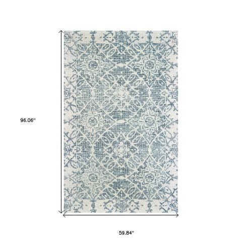 Homeroots 5' Geometric Blue Wool Hand-tufted Area Rug – Stylish Rectangular Design For Modern Home Decor 5' X 8' Wool 575557