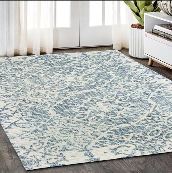 Homeroots 5' Geometric Blue Wool Hand-tufted Area Rug – Stylish Rectangular Design For Modern Home Decor 5' X 8' Wool 575557
