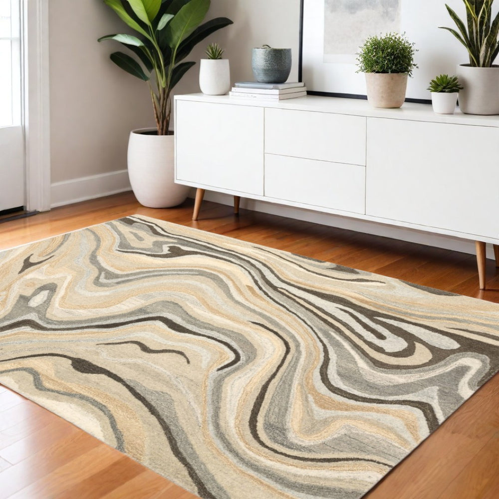 HomeRoots 4' Elegant Beige and Charcoal Abstract Hand-Tufted Wool Area Rug for Modern Home Décor Comfort 4' X 6' 575564