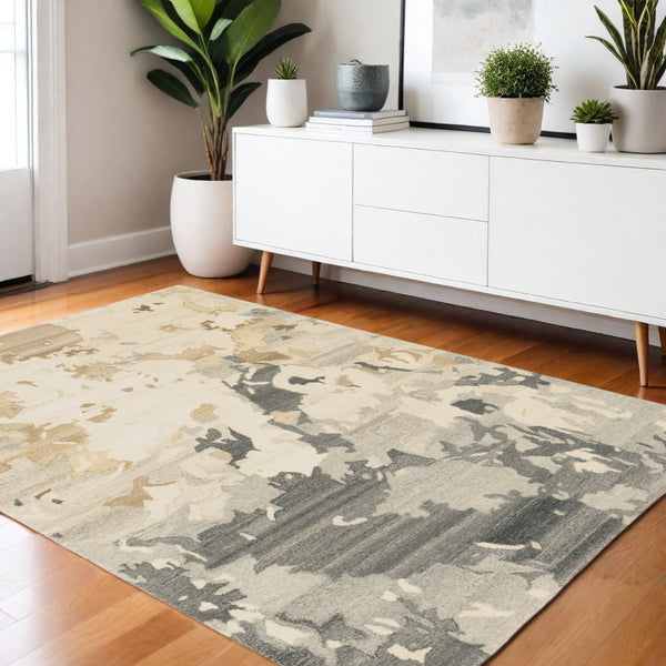 Homeroots 4' Enhance Your Living Space With A Beige And Charcoal Abstract Hand-tufted Wool Area Rug 4' X 6' Wool 575566