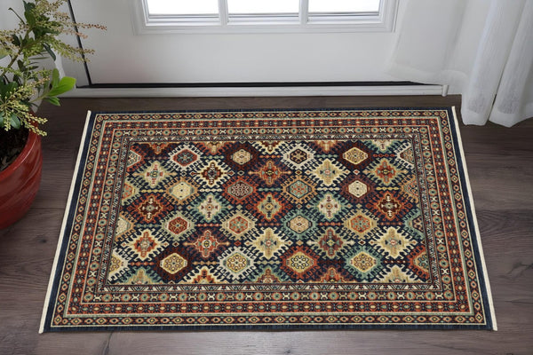 Homeroots 2' Navy Blue Oriental Area Rug With Elegant Fringe – Perfect For Adding Style And Warmth To Any Room 3' X 5' Wool Blend 575567