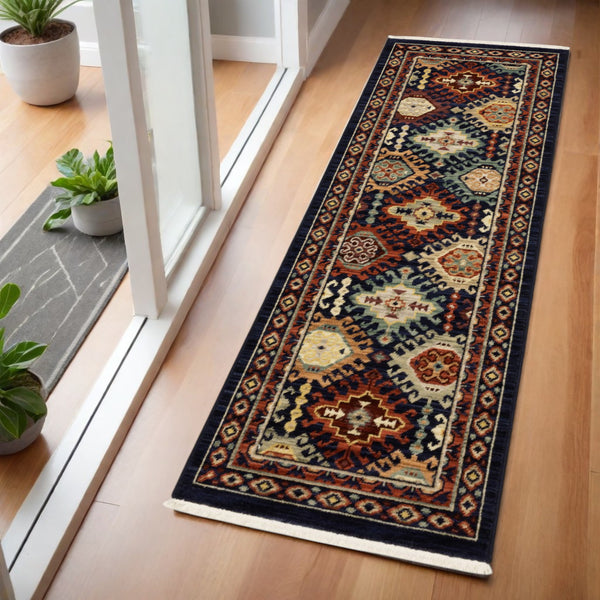 Homeroots 2' Navy Blue Oriental Area Rug With Elegant Fringe – Perfect For Adding Style And Warmth To Any Room 6' Runner Wool Blend 575568