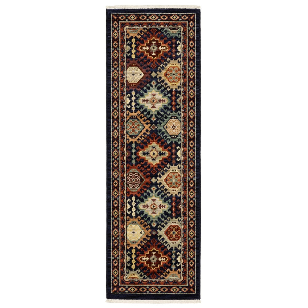 HomeRoots 3' Navy Blue Ivory and Brown Oriental Area Rug with Fringe – Perfect for Cozy Spaces and Entryways 6' Runner 575568