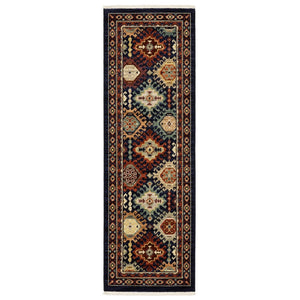 HomeRoots 3' Navy Blue Ivory and Brown Oriental Area Rug with Fringe – Perfect for Cozy Spaces and Entryways 6' Runner 575568