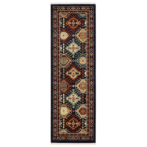 HomeRoots 3' Navy Blue Ivory and Brown Oriental Area Rug with Fringe – Perfect for Cozy Spaces and Entryways 6' Runner 575568
