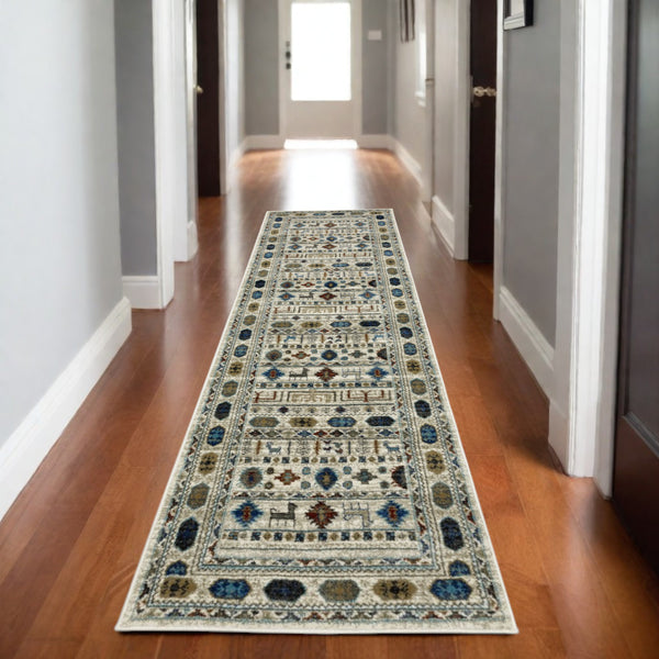 Homeroots 5' Artistry Ivory Tribal Area Rug - Stylish, Stain-resistant Design For Any Home Decor Space 8' Runner Polypropylene 575569