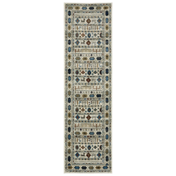 HomeRoots 5' Ivory Tan and Gray Tribal Area Rug - Durable Bohemian Design for Stylish Living Spaces 8' Runner 575569