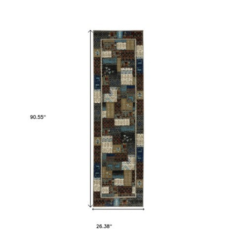 Homeroots 5' Artistic Blue Patchwork Area Rug - Stain Resistant, Perfect For Kids & Pets, Adds Warmth To Home 8' Runner Polypropylene 575570