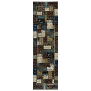 HomeRoots 5' Bohemian Patchwork Area Rug in Brown, Tan & Blue – Durable, Stain-Resistant & Stylish Design 8' Runner 575570