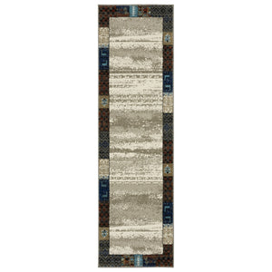 HomeRoots 5' Elegant Ivory Tan and Blue Patchwork Area Rug – Durable, Stain-Resistant, Perfect for Any Room! 8' Runner 575571