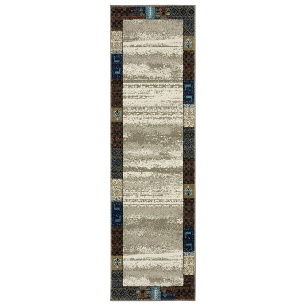 HomeRoots 5' Elegant Ivory Tan and Blue Patchwork Area Rug – Durable, Stain-Resistant, Perfect for Any Room! 8' Runner 575571