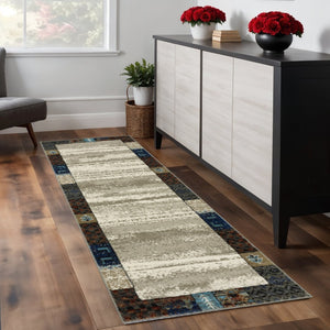 HomeRoots 5' Elegant Ivory Tan and Blue Patchwork Area Rug – Durable, Stain-Resistant, Perfect for Any Room! 8' Runner 575571