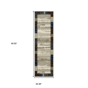 Homeroots 5' Elegant Patchwork Area Rug In Ivory Tan And Blue - Stylish, Stain Resistant For Family Spaces 8' Runner Polypropylene 575571