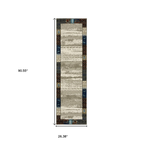 Homeroots 5' Elegant Patchwork Area Rug In Ivory Tan And Blue - Stylish, Stain Resistant For Family Spaces 8' Runner Polypropylene 575571