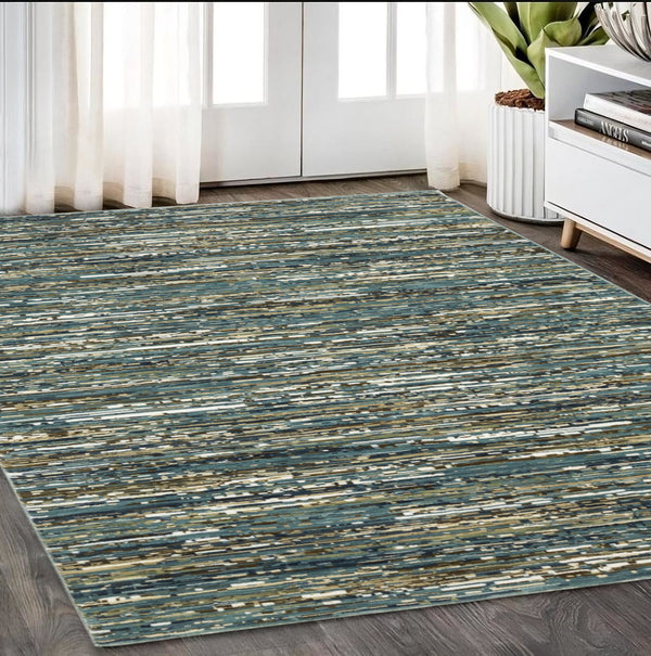 Homeroots 3' Stylish Blue Striped Area Rug - Stain Resistant, Comfortable Texture, Perfect For Homes With Kids & Pets 5' X 8' Polypropylene,Polyester 575572