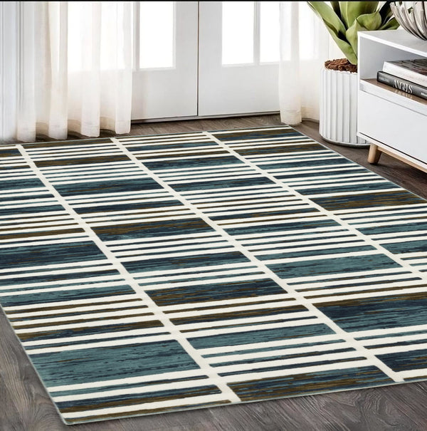 Homeroots 3' Stylish Ivory Geometric Area Rug – Stain Resistant, Soft Texture For Elegant Home Decor Enhancement 5' X 8' Polypropylene,Polyester 575576