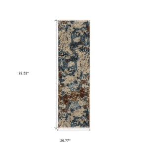 Homeroots 5' Elegant Beige And Teal Abstract Distressed Area Rug With Fringe For Stylish Home Decor 8' Runner Polyester 575589