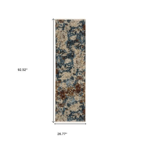 Homeroots 5' Elegant Beige And Teal Abstract Distressed Area Rug With Fringe For Stylish Home Decor 8' Runner Polyester 575589