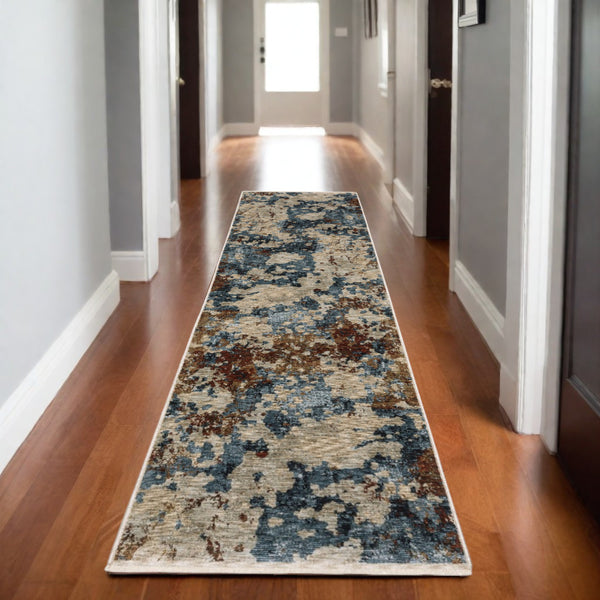Homeroots 5' Elegant Beige And Teal Abstract Distressed Area Rug With Fringe For Stylish Home Decor 8' Runner Polyester 575589