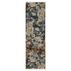 Homeroots 5' Elegant Beige And Teal Abstract Distressed Area Rug With Fringe For Stylish Home Decor 8' Runner Polyester 575589