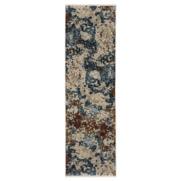 Homeroots 5' Elegant Beige And Teal Abstract Distressed Area Rug With Fringe For Stylish Home Decor 8' Runner Polyester 575589